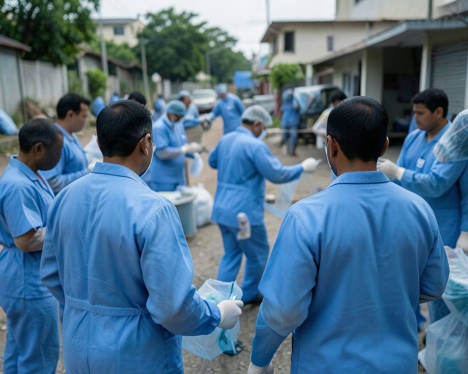 Anonymous adult health workers engaged in containment efforts against a mosquito-borne disease, photographed from behind. AI-generated editorial illustration; not a documentary photograph