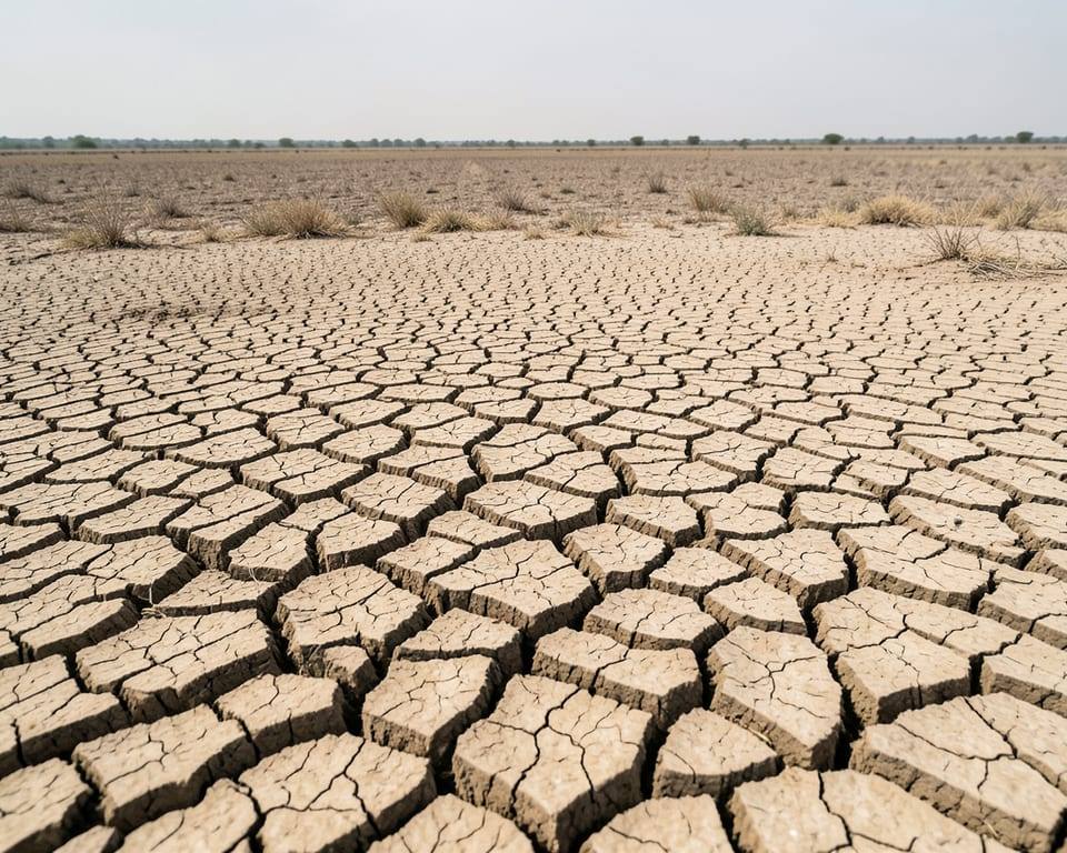 Cracked, parched earth stretching across a dry expanse of ground during severe drought in France. AI-generated editorial illustration; not a documentary photograph