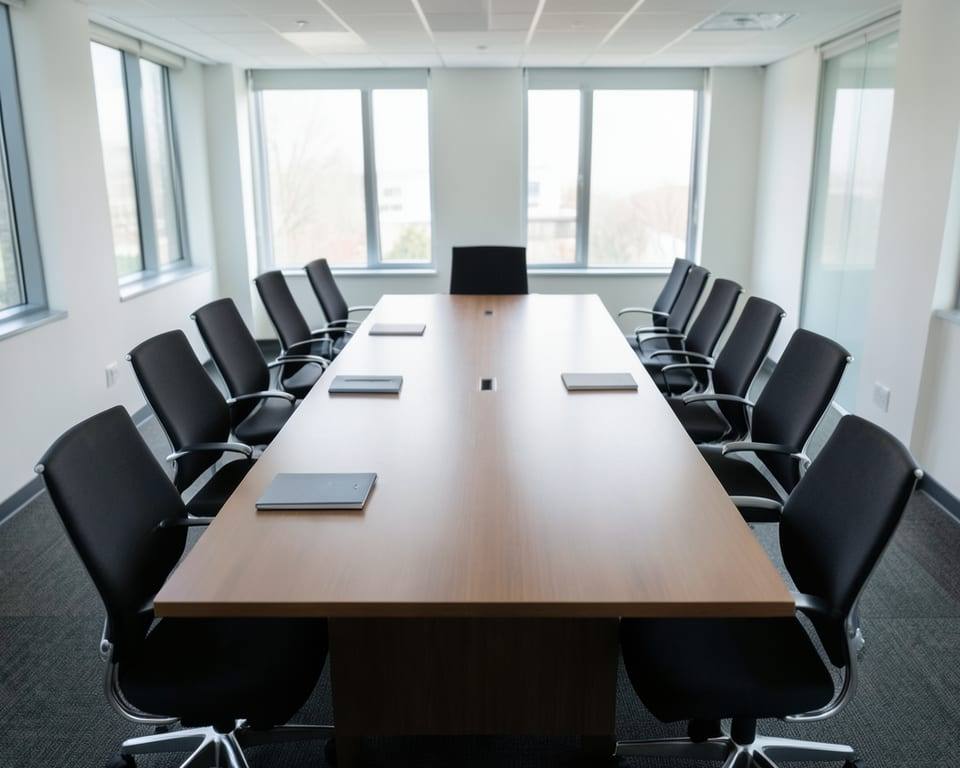 An empty conference-room table surrounded by rows of empty chairs with closed folders on the surface, representing a company reducing its headcount by 20%. AI-generated editorial illustration; not a documentary photograph