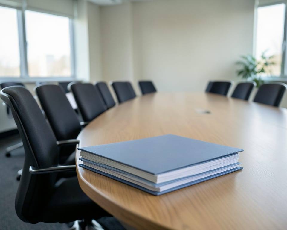 Closed unmarked folders on a conference table with rows of empty chairs behind, representing the Advisory Council for Historic Preservation poised to end mandatory state review and public comment. AI-generated editorial illustration; not a documentary photograph