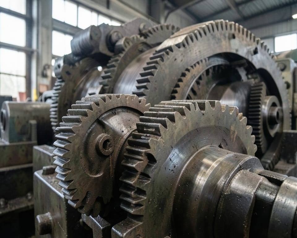 Large interlocking industrial gears turning continuously in a factory setting, evoking an industrial machine that cannot stop and cannot slow down. AI-generated editorial illustration; not a documentary photograph