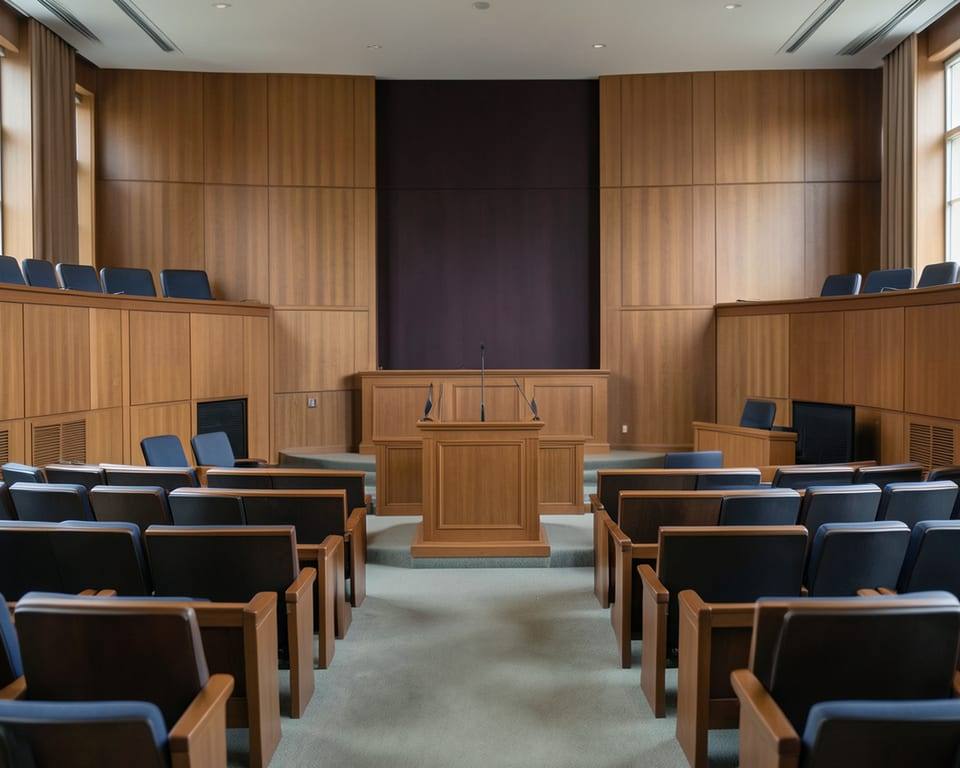 An empty parliamentary chamber with rows of seats facing a raised podium, the setting for electing a parliament speaker. AI-generated editorial illustration; not a documentary photograph