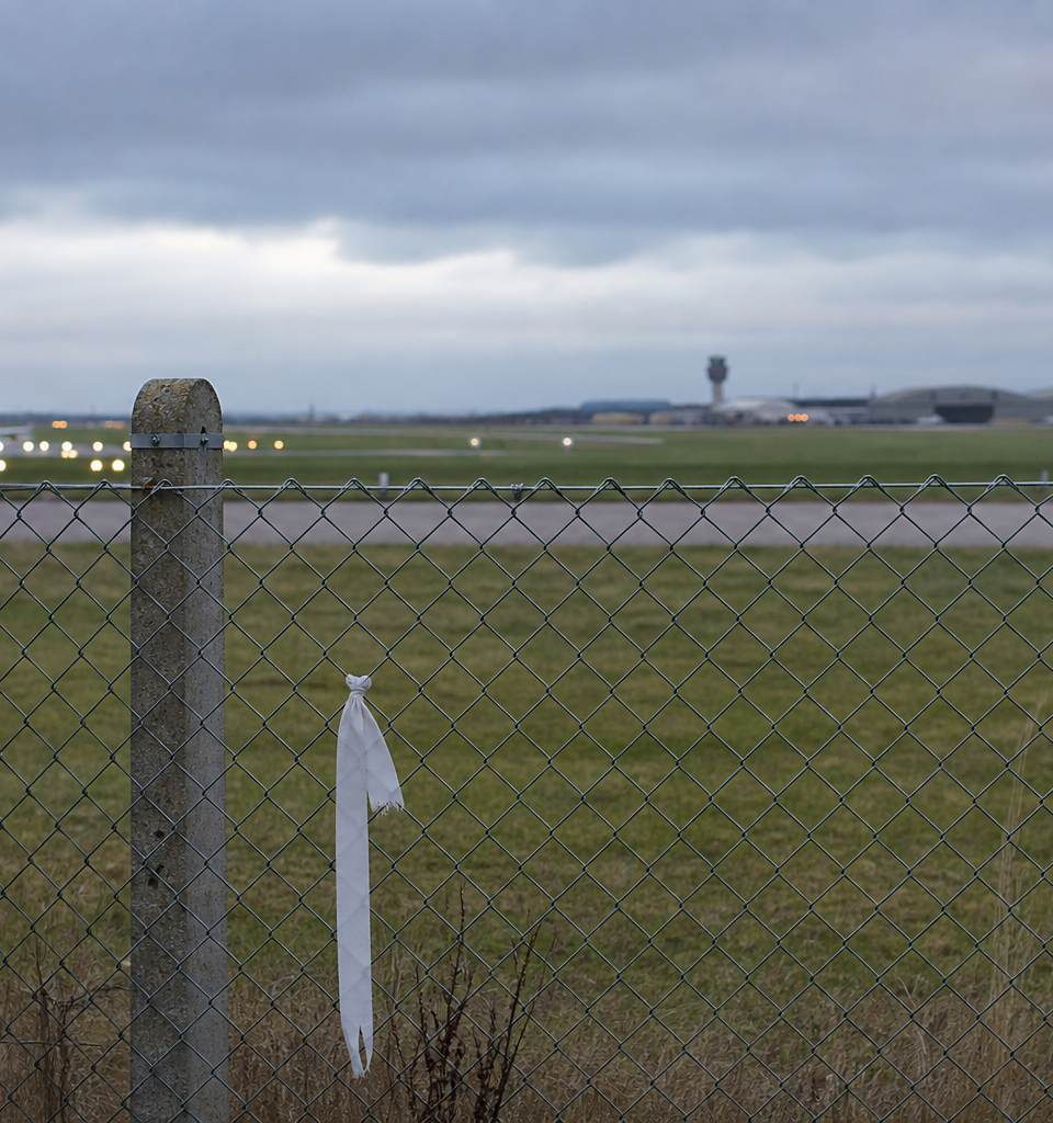 Anti-war activists have protested outside a UK airbase, shown gathered from behind with the airbase exterior in the background. AI-generated editorial illustration; not a documentary photograph