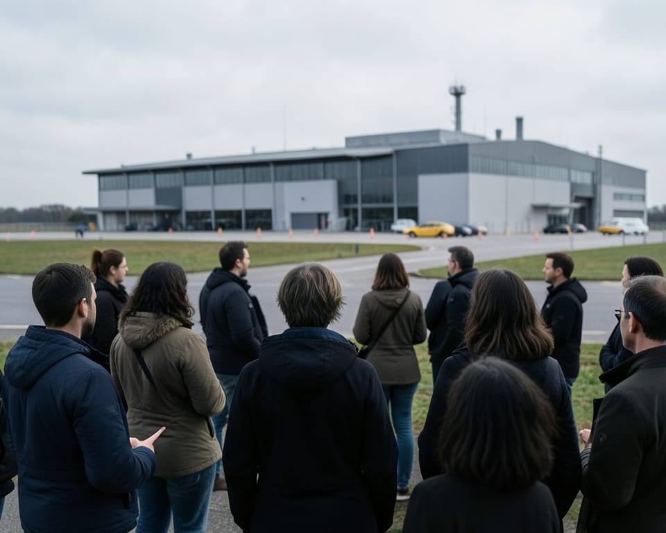 Anti-war activists have protested outside a UK airbase, shown gathered from behind with the airbase exterior in the background. AI-generated editorial illustration; not a documentary photograph