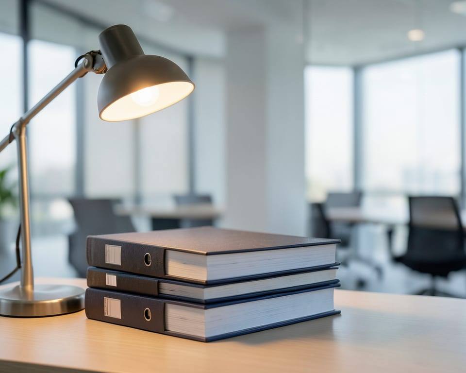 A stack of closed, unmarked binders on a desk under a single desk lamp, with an empty office interior behind, representing profit that exists on paper. AI-generated editorial illustration; not a documentary photograph