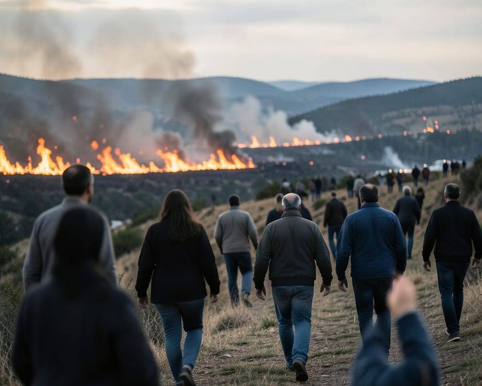 Wildfires are visible across the landscape as anonymous adults evacuated from around Bordeaux move away from the area. AI-generated editorial illustration; not a documentary photograph