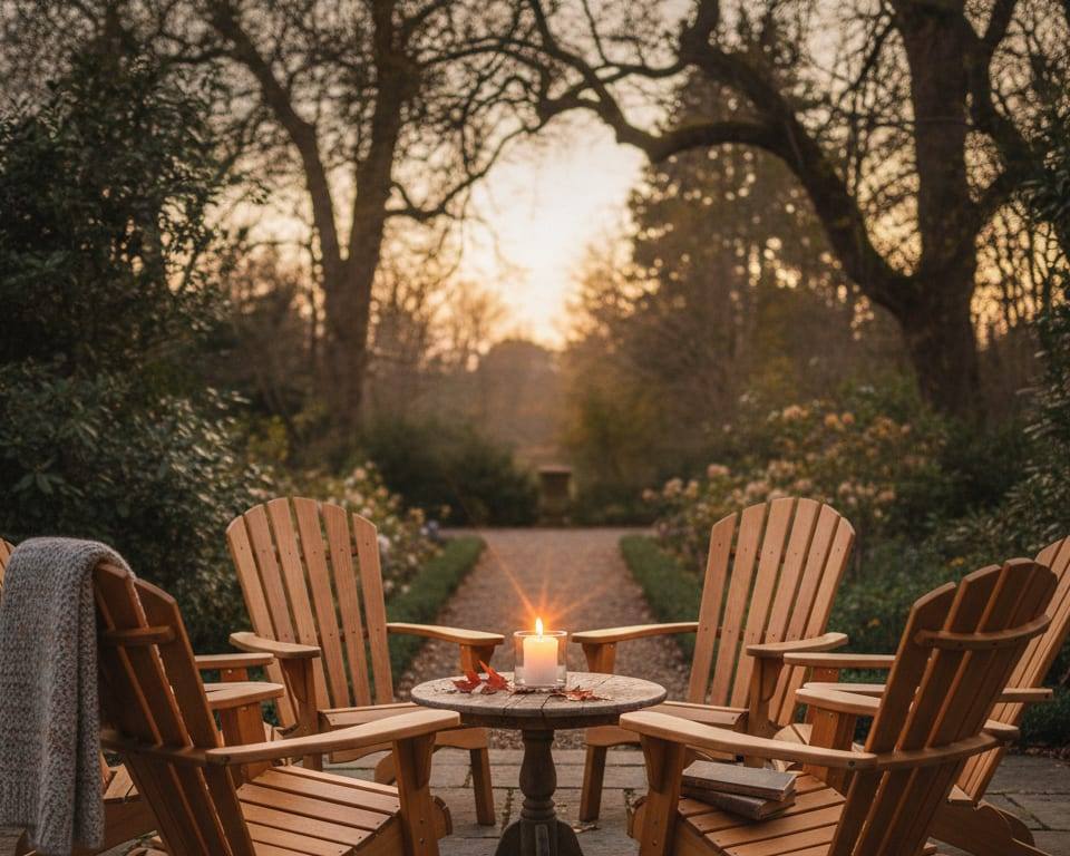 a warm circle of wooden chairs gathered around a small table with a lit candle, soft welcoming light, no people AI-generated editorial illustration; not a documentary photograph