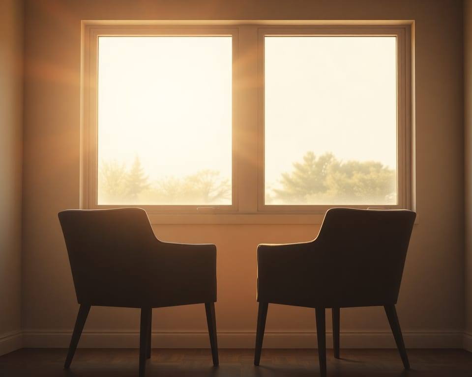 two chairs side by side facing a warm sunlit window, comfort and quiet presence AI-generated editorial illustration; not a documentary photograph