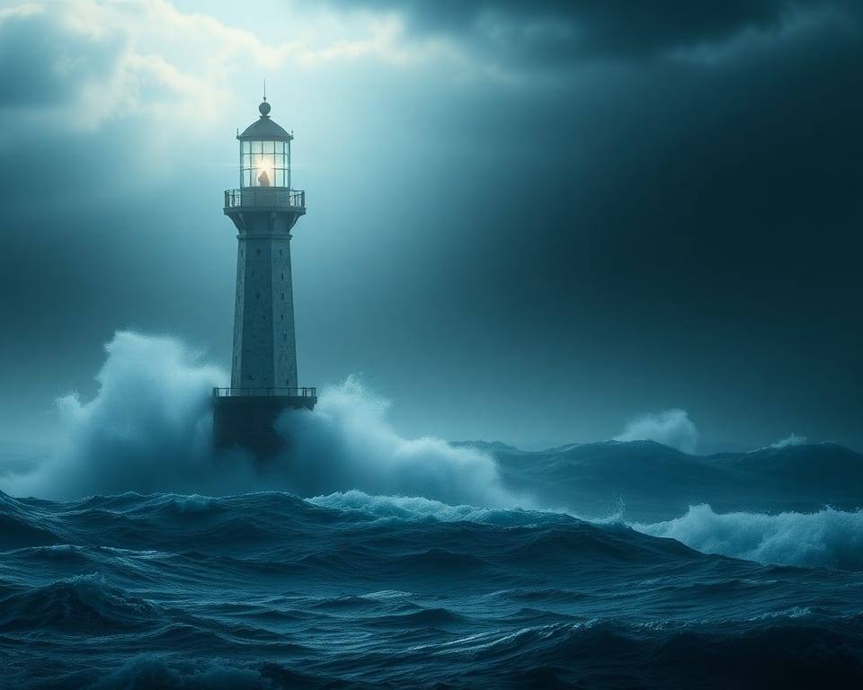 a lighthouse standing firm against crashing storm waves, dramatic light AI-generated editorial illustration; not a documentary photograph