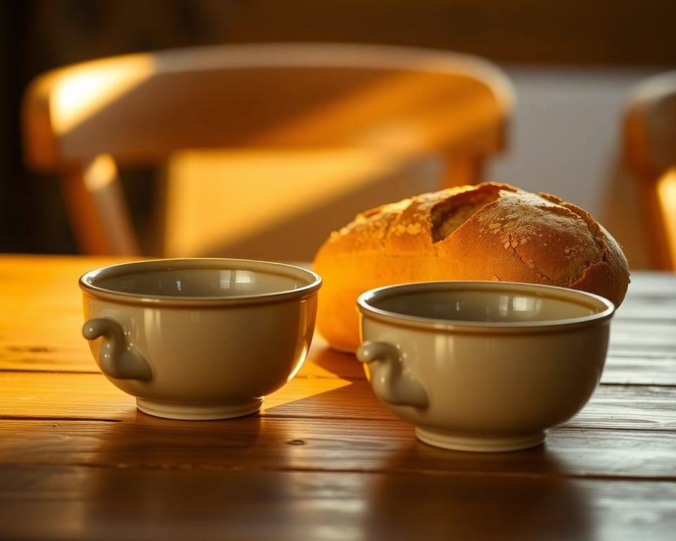 a wooden table set with a loaf of bread and two ceramic bowls, warm golden light, generosity and sharing AI-generated editorial illustration; not a documentary photograph