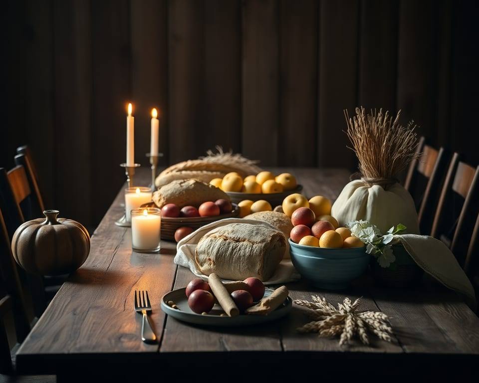 a wooden table set with a harvest of bread, fruit, and grain in warm candlelight AI-generated editorial illustration; not a documentary photograph