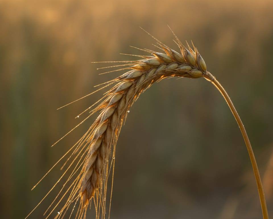 a single ripe wheat stalk bowing gently under the weight of its grain in soft morning light, no people pre-generated representative AI artwork selected for this story; not generated from or based on the source event