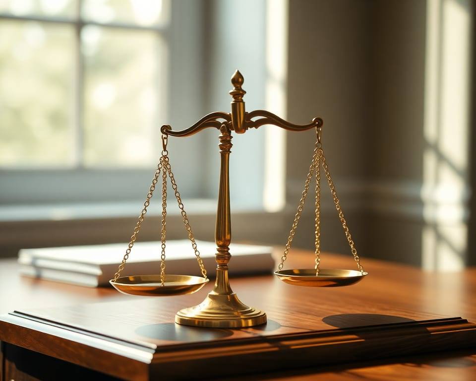 balanced brass scales of justice resting on a wooden desk in soft window light AI-generated editorial illustration; not a documentary photograph