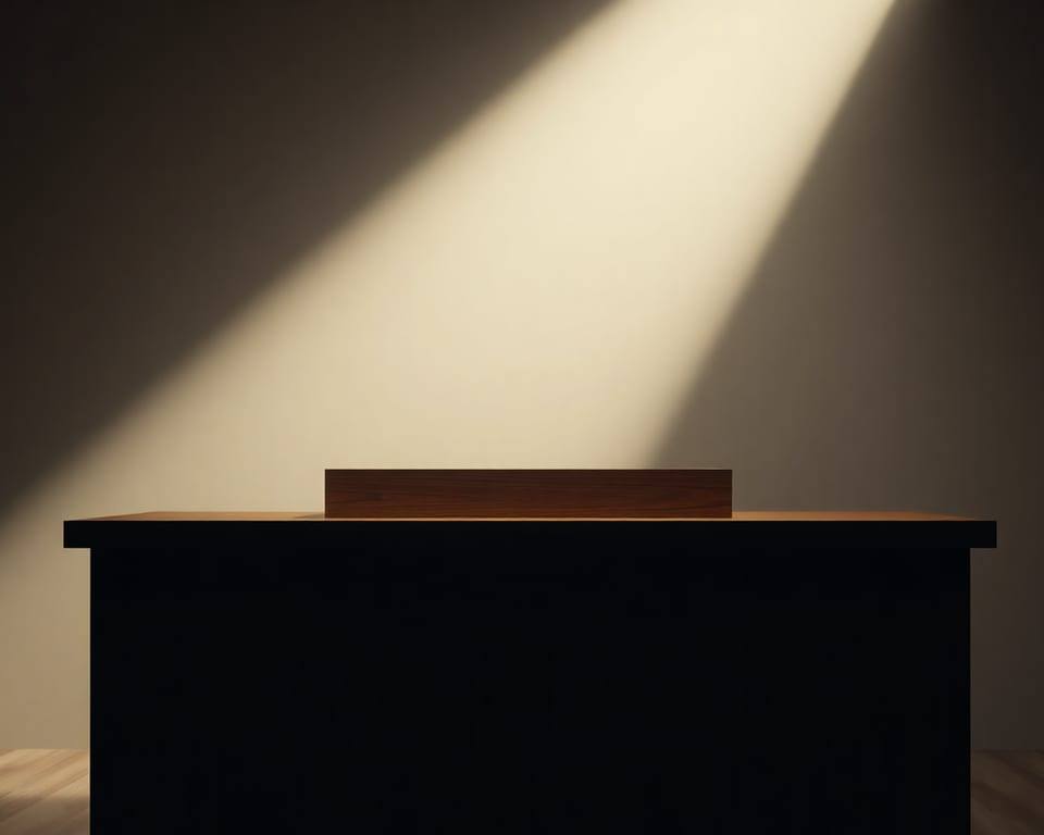 an empty wooden podium in a soft spotlight, waiting, solemn and purposeful AI-generated editorial illustration; not a documentary photograph