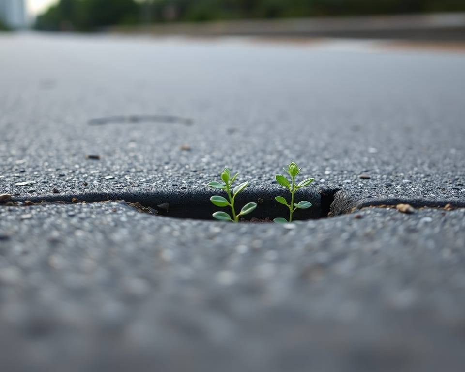 a small green plant growing slowly through a crack in pavement, soft light AI-generated editorial illustration; not a documentary photograph