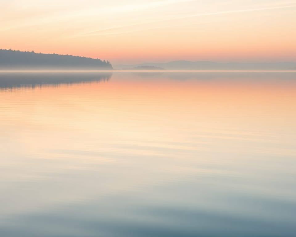 a calm lake at sunrise with a mirror-like reflection, soft pastel colors AI-generated editorial illustration; not a documentary photograph