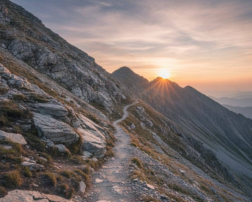 a steep rocky mountain trail winding upward toward a distant sunrise, soft golden light, no people AI-generated editorial illustration; not a documentary photograph