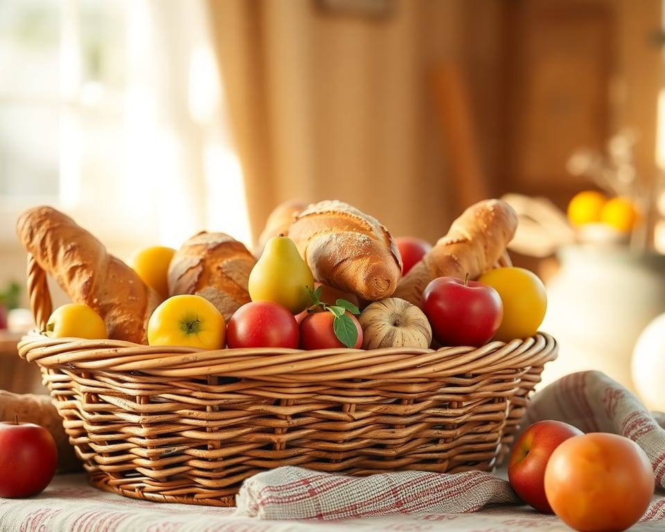 a woven basket overflowing with fresh bread and fruit, warm light AI-generated editorial illustration; not a documentary photograph