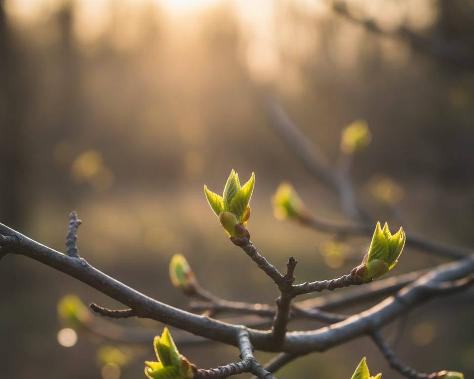 fresh green spring shoots emerging cleanly from bare winter branches in soft morning light, no people AI-generated editorial illustration; not a documentary photograph