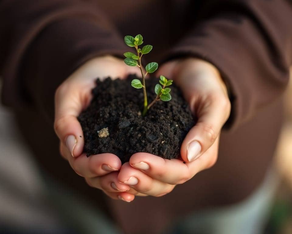 cupped hands holding rich dark soil with a small green sapling AI-generated editorial illustration; not a documentary photograph