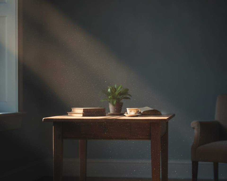 a single warm beam of morning light cutting across a dim quiet room, illuminating dust motes above a wooden table, no people AI-generated editorial illustration; not a documentary photograph