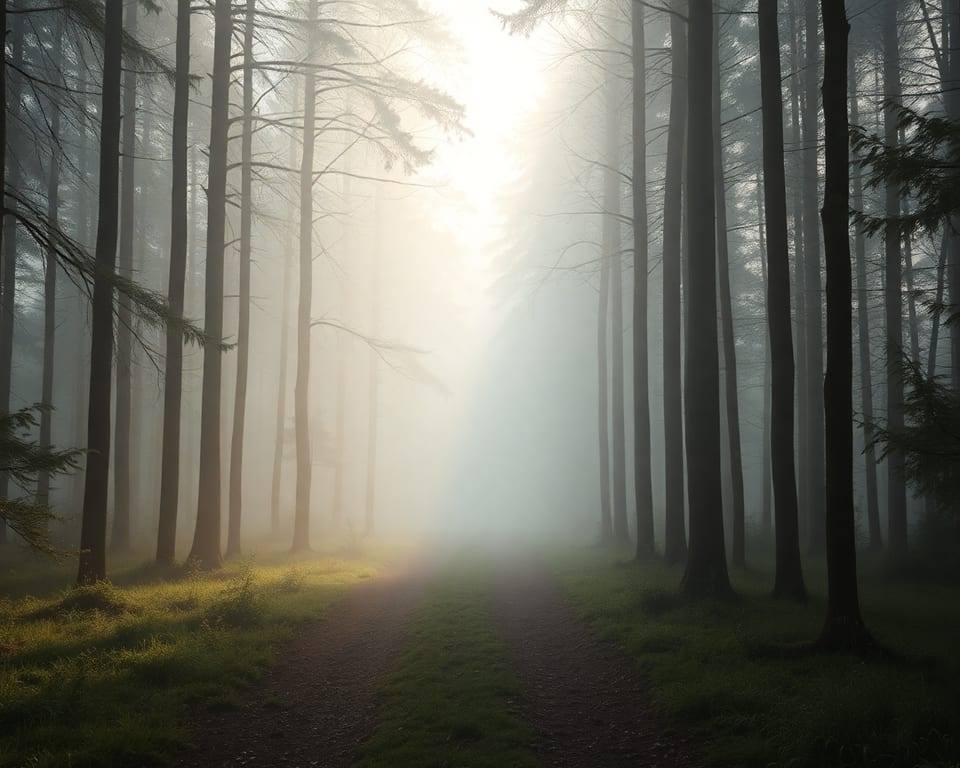 a misty forest path disappearing into fog, soft morning light filtering through tall trees AI-generated editorial illustration; not a documentary photograph