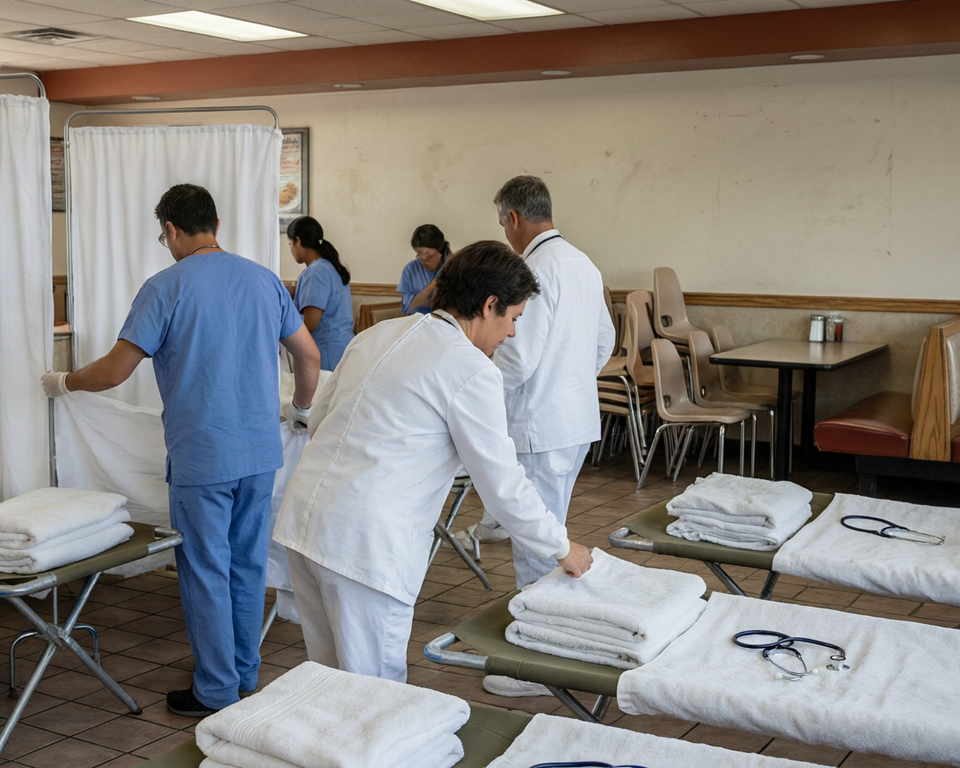 AI-generated editorial illustration for source event: Venezuelan doctors convert restaurant into a clinic after earthquake; not a documentary photograph