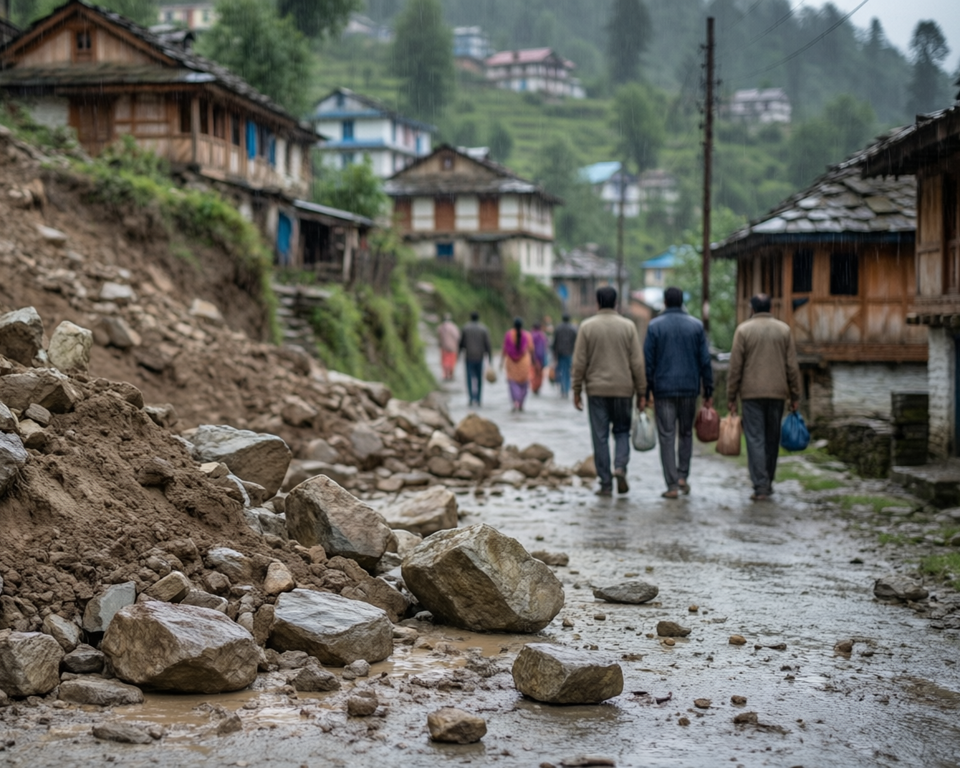 AI-generated editorial illustration for source event: Evacuations as landslide threatens Indian village, construction firm blamed; not a documentary photograph
